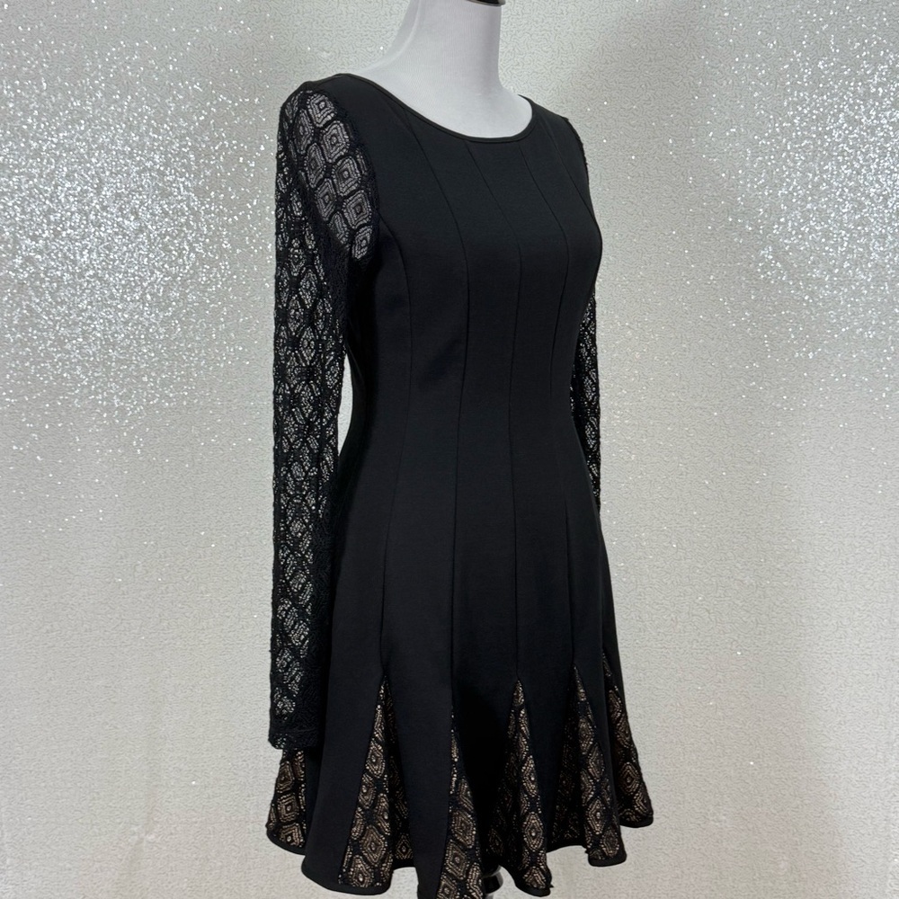 Catherine Malandrino Black Fit & Flare Lace Sleeve Dress Gothic Cocktail Women’s - Picture 8 of 10